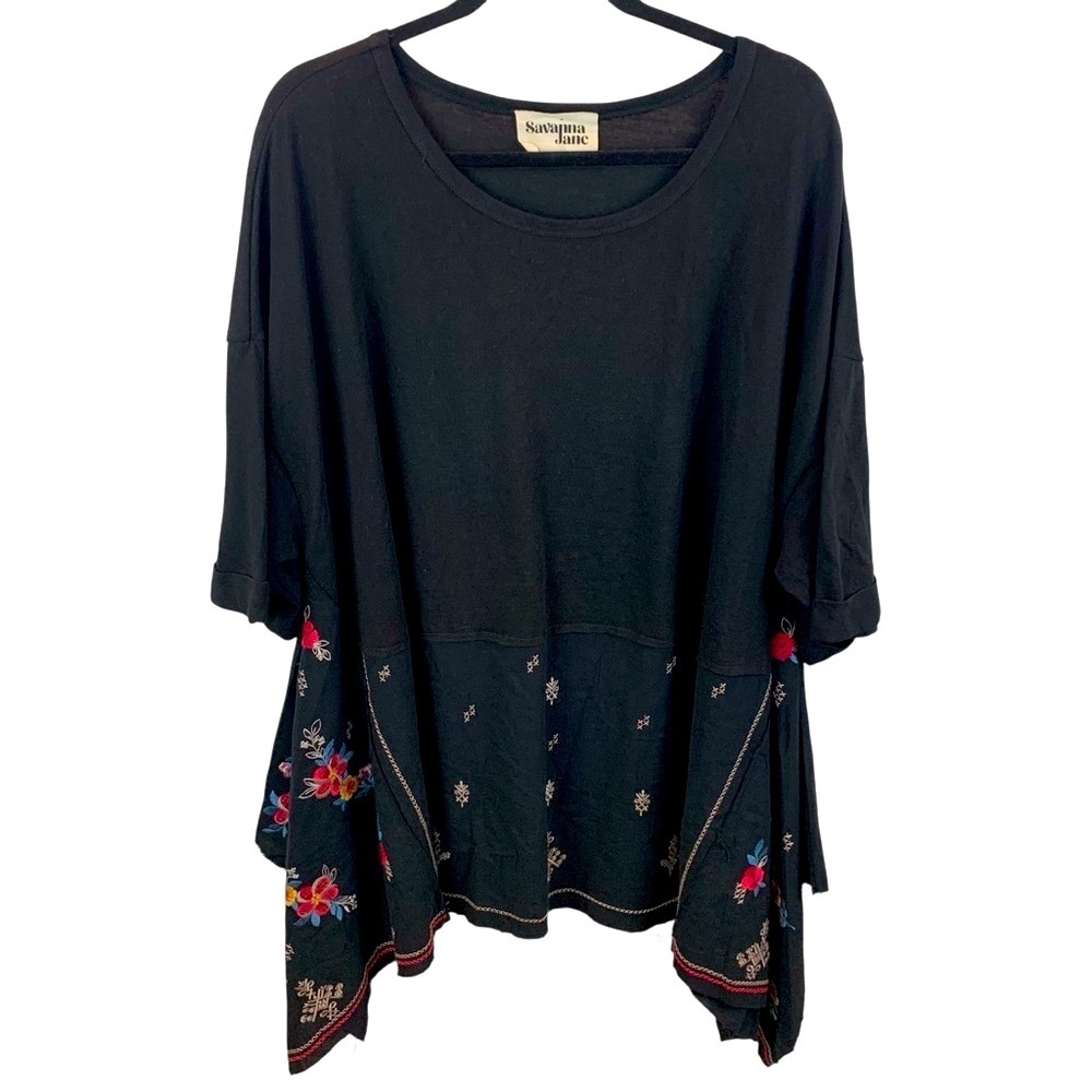 Savanna Jane 2X Black Tunic Top Embroidered Floral Handkerchief Hem Lagenlook